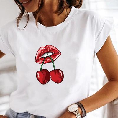 (Asian Size)Tee Top Fashion T Shirt Cartoon Lip Cute 90s Women Print Lady Clothing Casual  Short Sleeve Female Graphic T-shirt