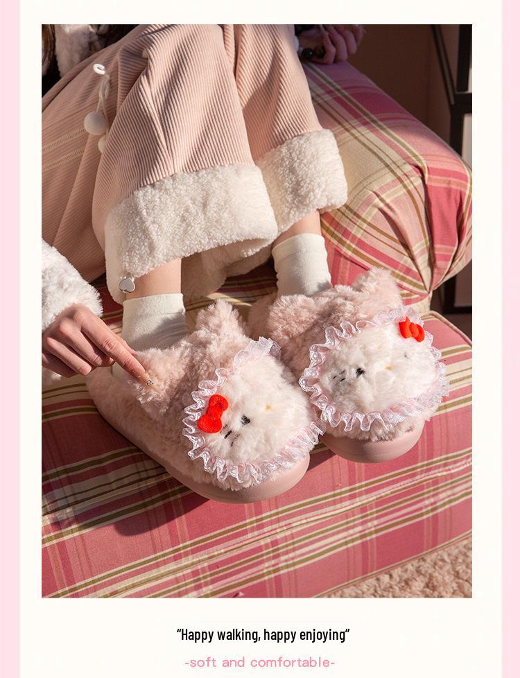 Women’s Cute Cartoon KT Cat Cotton Slippers - Sanrio Furry Plush, Heel-Covered Winter 2025