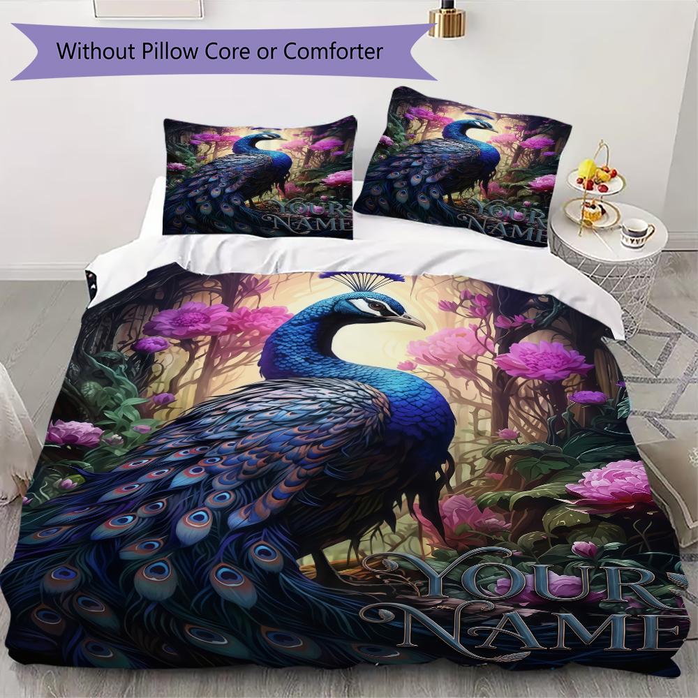 Custom Name Peacock Forest Bedding,Quilt Set Quilt Cover Pillowcase Home Birthday Gift(1 * duvet cover + 2 * pillowcase, without core)_lx
