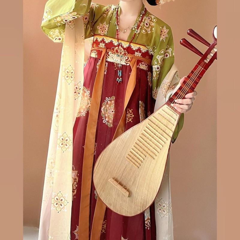 Traditional Chinese Tang Dynasty Style Hanfu Set Womens Wear Embroidered Printed Wrap Skirt Top With Scarf