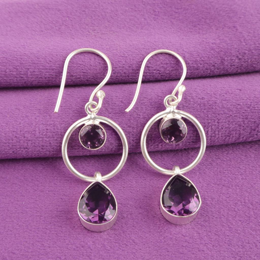 Pear Crown Chakra Amethyst Stone Sterling Silver Daughter Gift Dangling Earrings EE-140-5