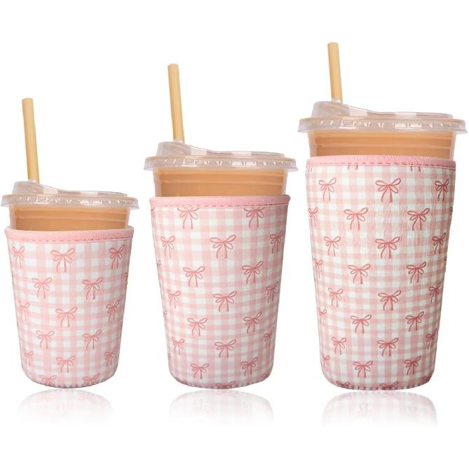 Reble Ulated Neoprene Iced Coffee Cup Sleeve, Durable Drink Sleeve for Cold Beverages, Beverage Holder for Iced Coffee, Floral Checkers