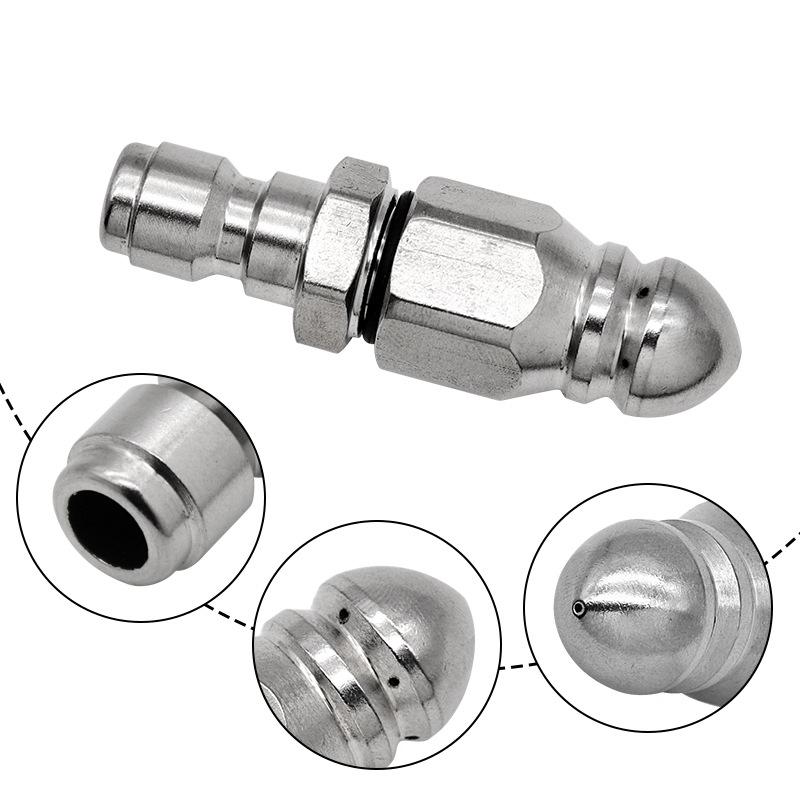 Stainless Steel High-Pressure Sewer Cleaning Nozzle, 1/4" with Front and Rear Water Jets