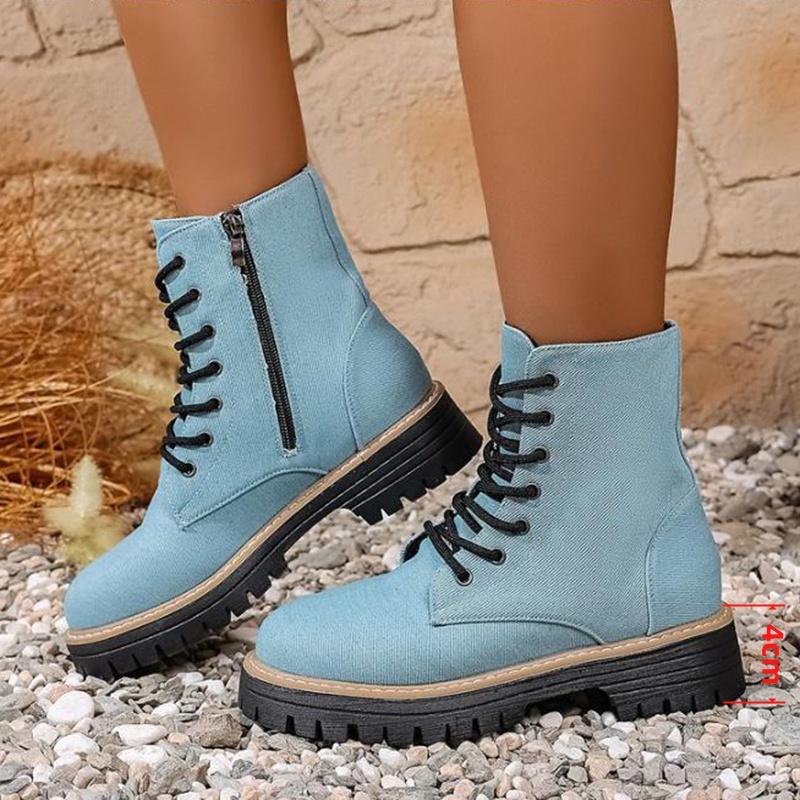 Fashion Thick Bottom Denim Ankle Boots Women 2025 Autumn Fashion Tie-Dye Side Zip Western Cowboy Boots Woman's Platform Shoes Plus Size