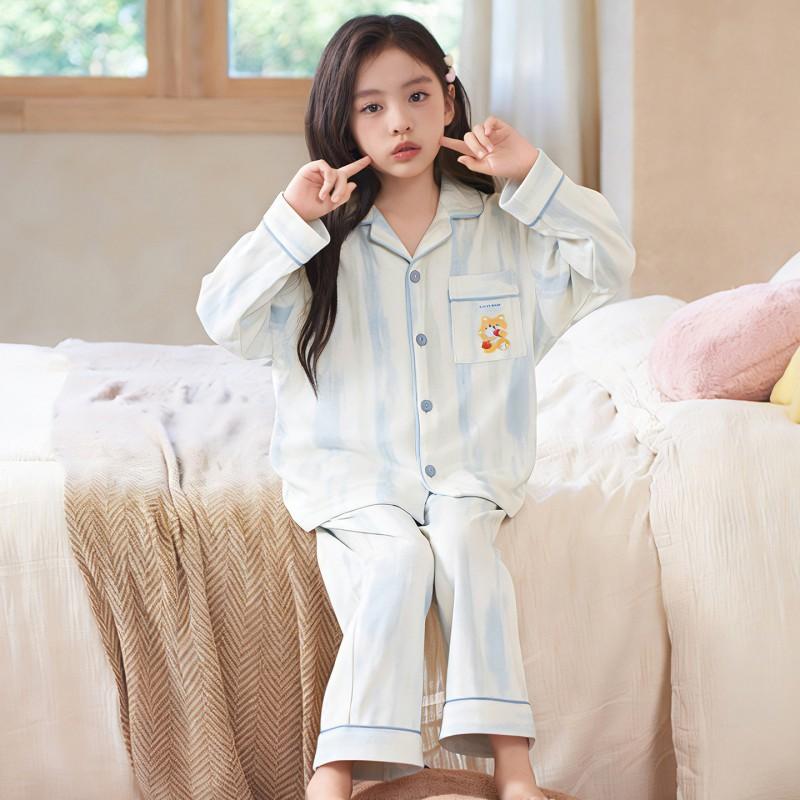 100% Cotton Long Sleeve Pajama Set Girls Cartoon Print Sleepwear Home Wear Fall Comfortable Kids Nightwear