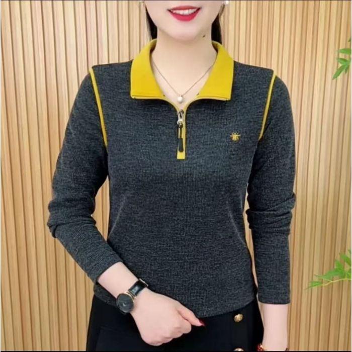 Spring & Autumn Half-Zip Color Block Embroidered Slimming Women's T-shirt
