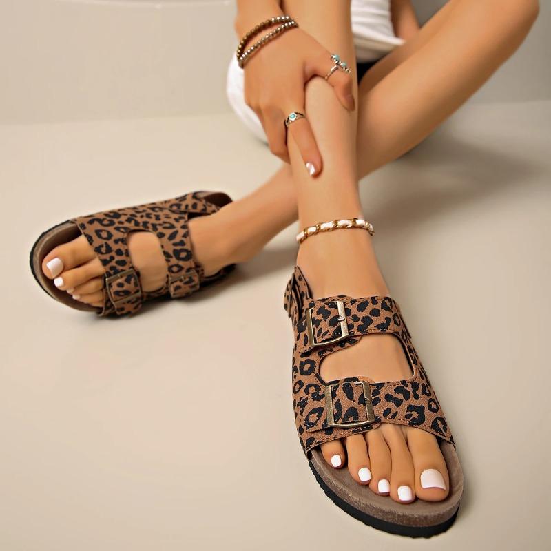 Ladies Shoes Summer Brand Open Toe Women's Slippers Fashion Leopard Print Casual Summer Belt Buckle Plus Size Rome Flat Slippers
