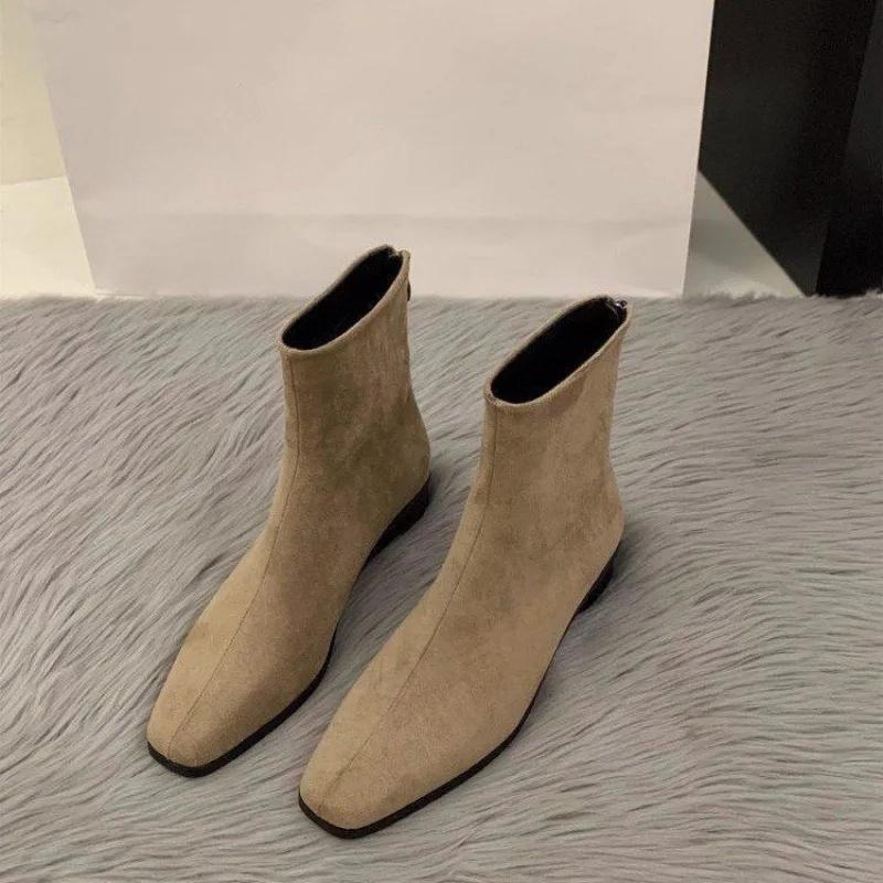 Fall Winter Women's French Style Short Boots Trendy Slim Fit Chunky Heel Versatile Adult Square Toe Rubber Bottom Ankle Boots