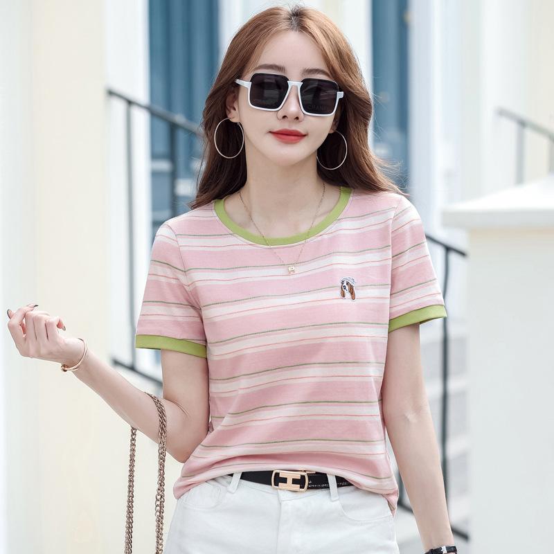 

Летние хлопковые свободные футболки с короткими рукавами, женские топы в полоску XL розовый