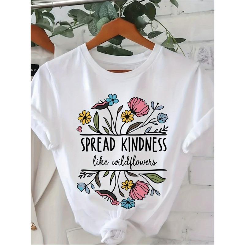 European Size Spread Kindness Like Wildflowers T-Shirt | Cute Short Sleeve Crew Neck White Top with Inspirational Message and Print,Daily Wear S