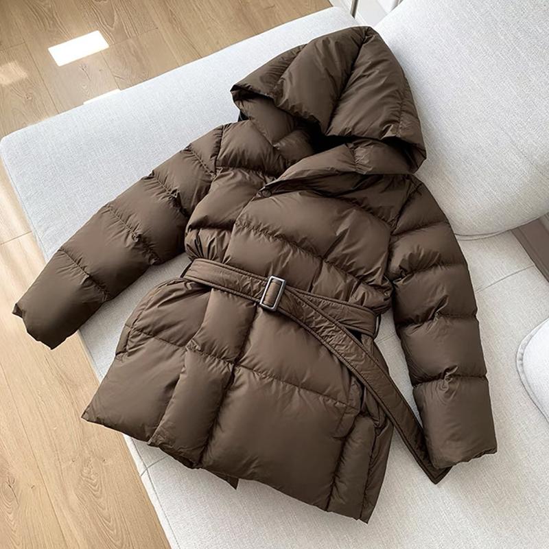 Winter Hooded Women's Down Jackets Warm Casual Lace Up Coat Puffer Jacket Belt Elegant Parka Overcoat