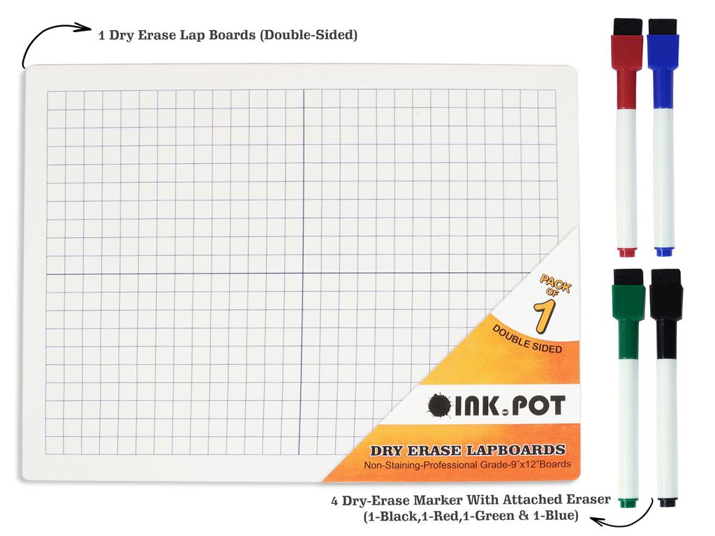 Inkdotpot Trocken abwischbare Tafel für Kinder, Schüler, Diagramm und leeres Lapboard, doppelseitige Schreibtafel mit 4 Markern für die Heimschule (1 Stück
