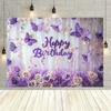 2D Purple Butterfly Happy Birthday Backdrop Banner with Roses & Flowers