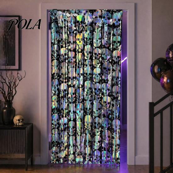 Decorative Festive Curtain Halloween Skull Foil Fringe Curtain, Iridescent Disposable Tablecloth, Pattern Party Decor Table Cover Tinsel Backdrop for