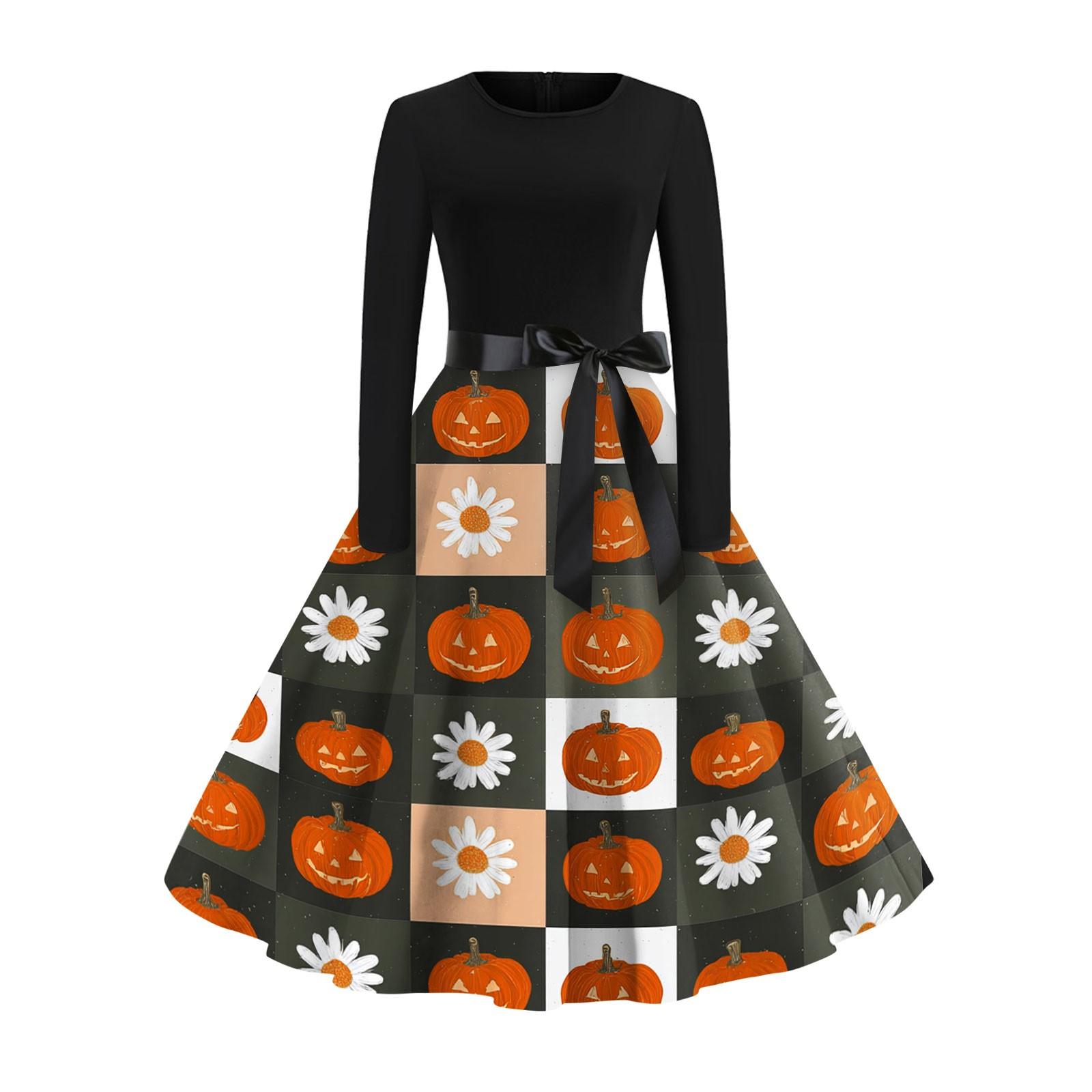 

Women s Fashion Casual Round Neck Halloween Print Long Sleeve Dress XL
