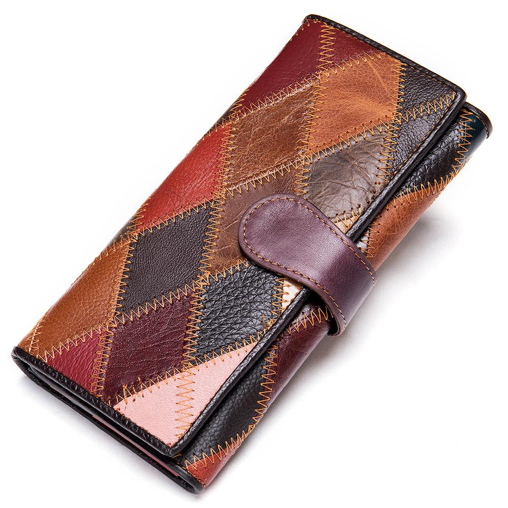 Damen Handgeldbörse, Damen Lange Farbe Patchwork Null Geldbörse, Damen Reißverschluss Handy Tasche, Echtes Leder Geldbörsen Clip