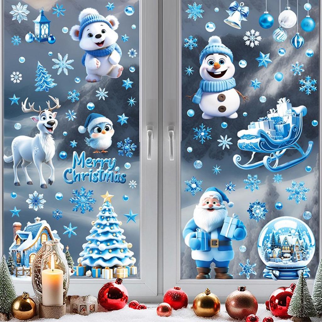 Static Film Double-sided Printing Cute  Christmas Stickers Window Decorations 9pcs