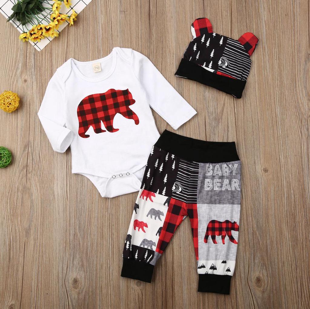 3PCS Neugeborenen Baby Junge Mädchen Winter Kleidung Romper Hosen Hut Weihnachten Outfits