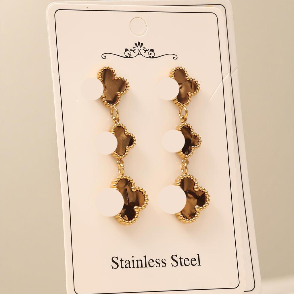 High-End Four-Leaf Clover Tassel Stud Earrings - Stainless Steel, Light Luxury Design