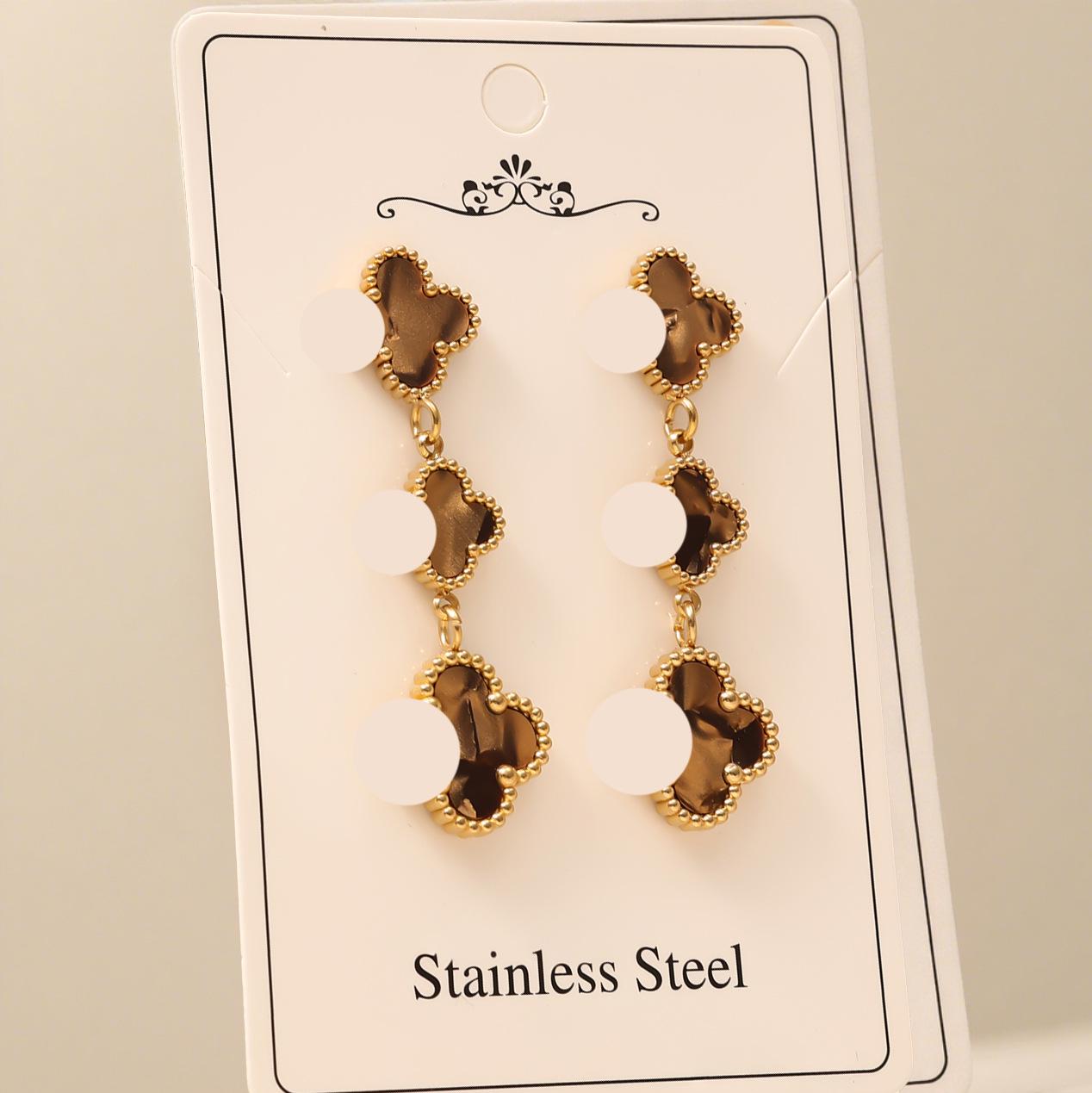 

High-End Four-Leaf Clover Tassel Stud Earrings - Stainless Steel, Light Luxury Design Vacuum Electroplated