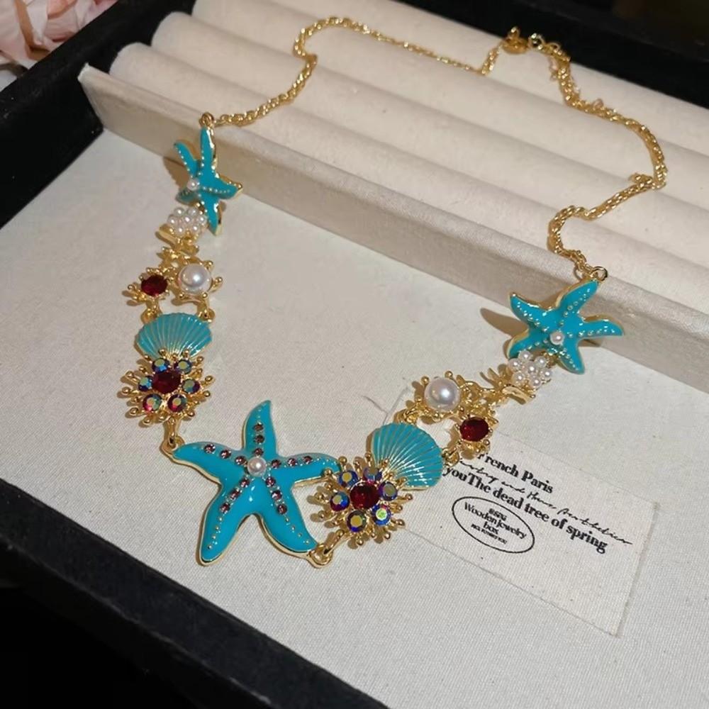 New Starfish Shell Pendant Chain Necklace Shining Retro Temperament Boho Choker Jewelry Bead Pearl Necklace Female Fashion