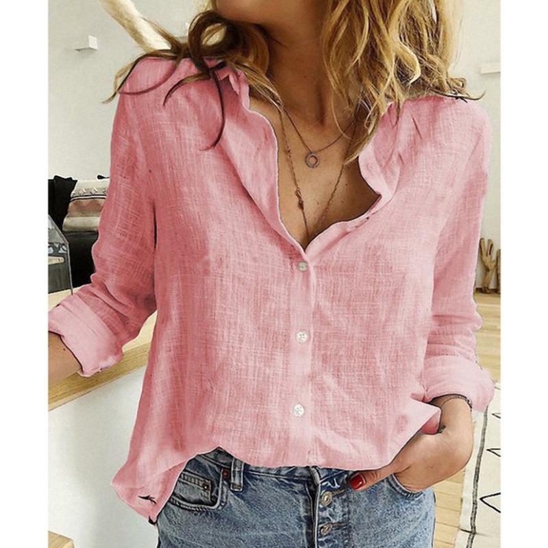 Spring New Solid Casual Loose Long Sleeve Shirts Women Fashion Plus Size Cotton and Linen Blouse Women Tops Button Up Office Simple Female Shirt 26259