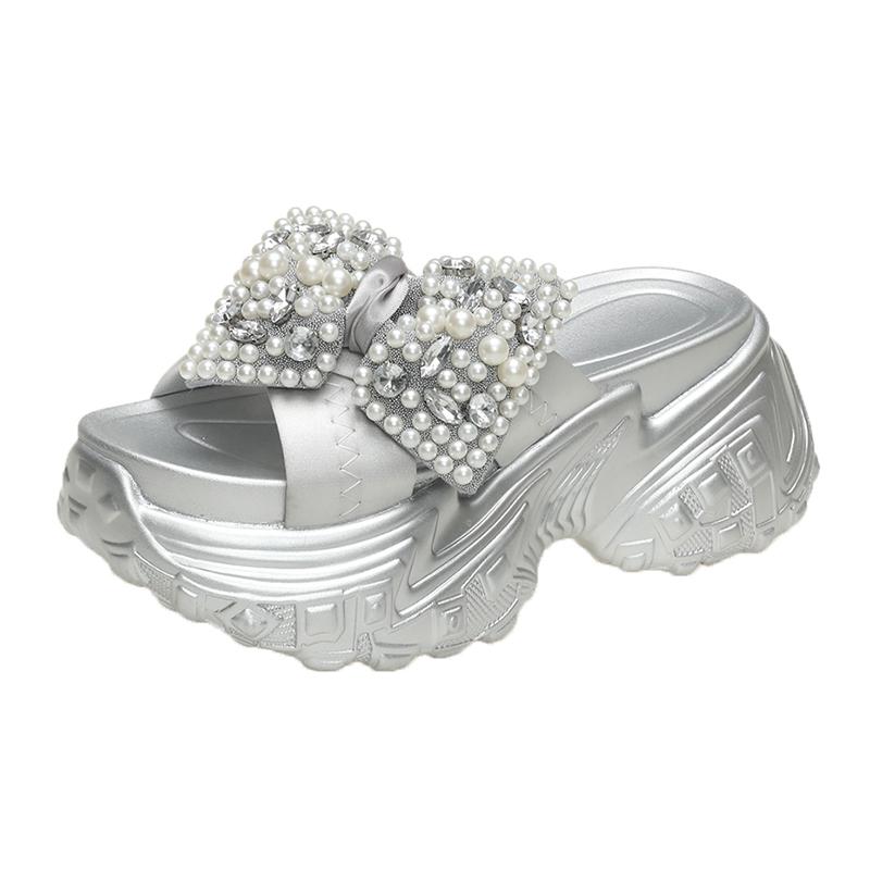 

8cm Shiny Rhinestone High Platform Slippers Women Butterfiy-Knot Heels Chunky Sandals Woman Summer Thick Bottom Wedges Slides 34 серебряный