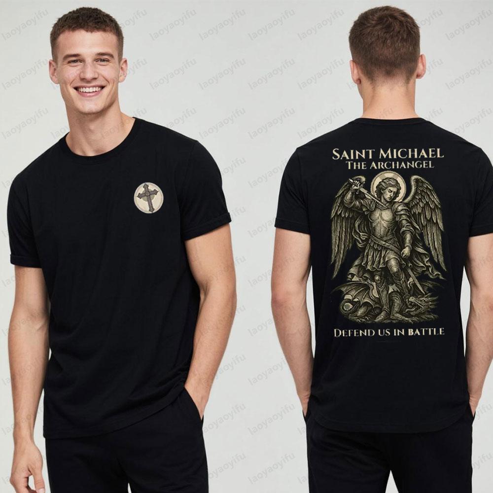 

Saint Michael The Archangel TShirt Catholic Warrior Tee Spiritual Battle Armor Shirt Mens Trendy Streetwear Cotton Short Slee... S разноцветный