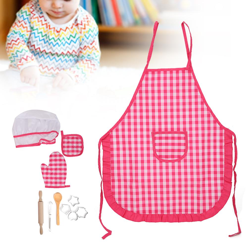 DIY Kid Cooking Baking Set Kitchen Role Play Apron Children Cooking Toys GiftRed Plaid Kitchen Baking Set 11pcs