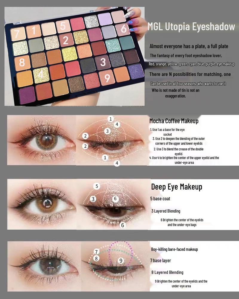 MGL40 Utopia Eyeshadow Palette: 40 Shimmer & Glitter Shades for Professional Stage and Smoky Makeup