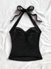 Floral V-Neck Spaghetti Strap Bodycon Tank Top for Vacation, Women's White Knitted with Metal Buckle