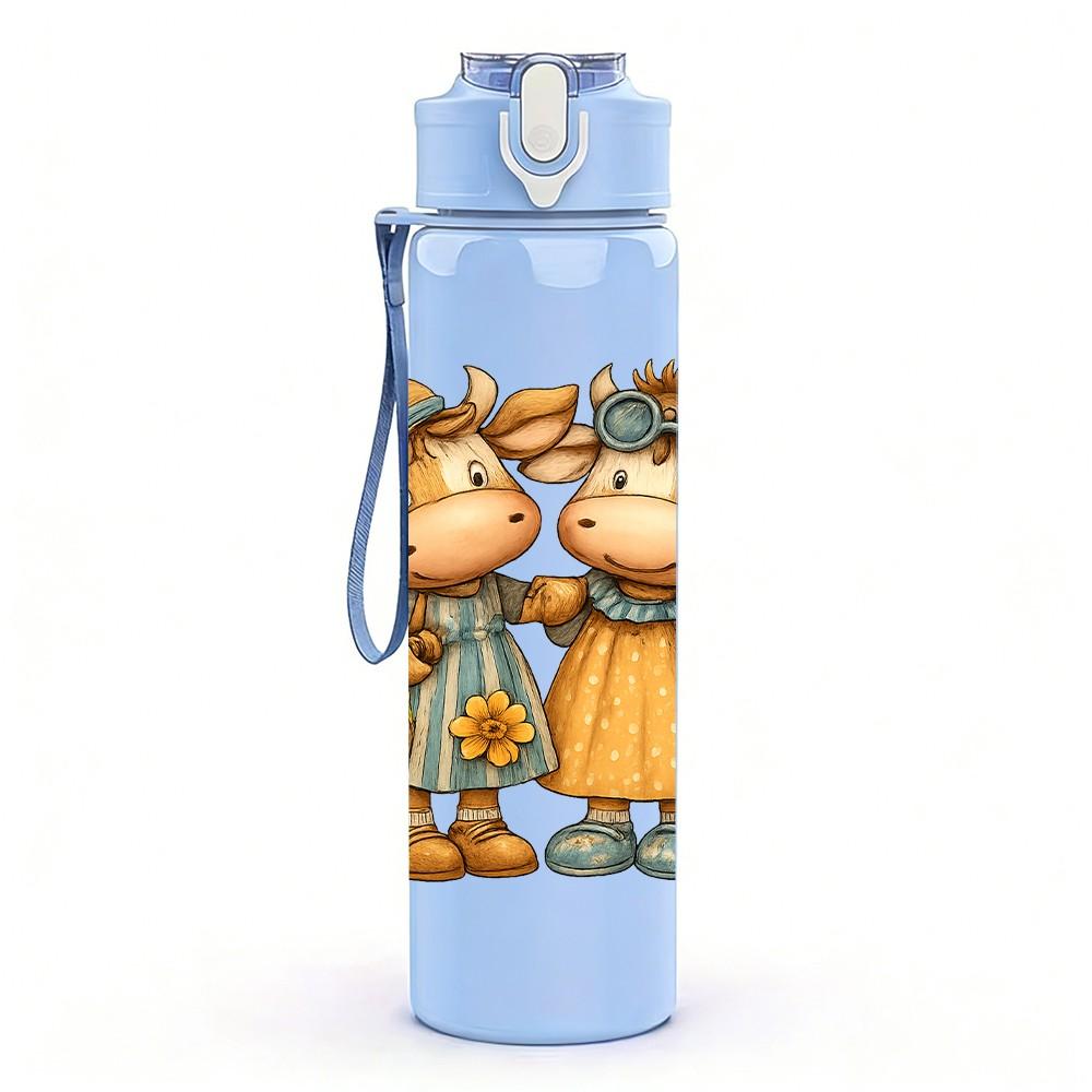 1PC Twin Country Dolls Cartoon 750ml Color Plastic Sports Water Bottle Leakproof Flip Straw Lid Suitable for Sports Office Home Use
