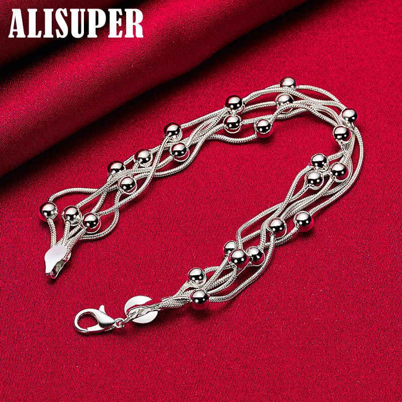 925 Sterling Silber Fünf Schlangenkettenarmband Glatte Perlen Silberarmband Schmuck