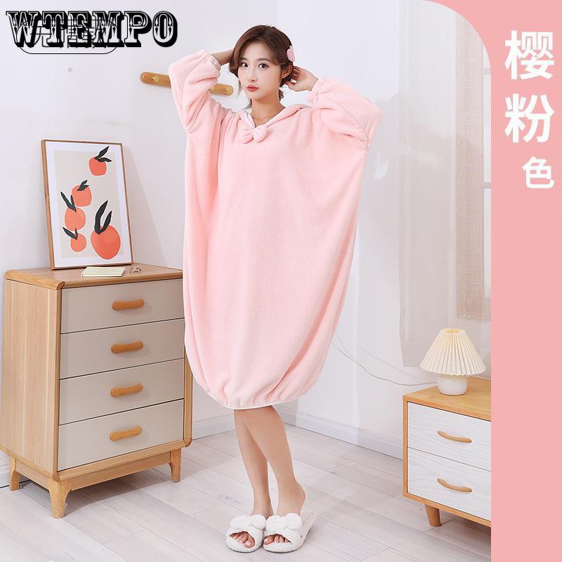 Women's Long Bathrobe Absorbent Bath Towel Coral Fleece Thickened Home Hooded Long Sleeved Bath Skirt