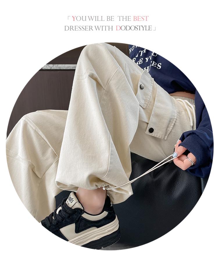 Damen High-Waist Retro Washed Baumwolle Cargohose, Lockeres Gerades Bein, Bodenlang, Aufgeschlagener Weiter Beinabschluss, Frühling Schlankmachender Stil.