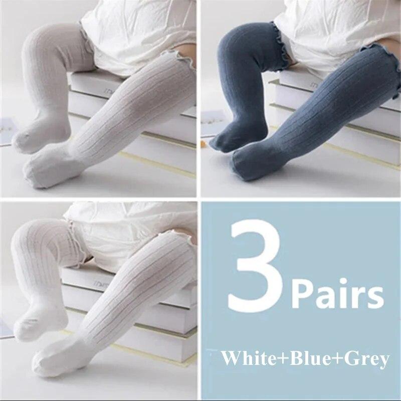 

3Pairs/Lot Baby Girls Socks Lace Frilly Solid Cotton Long Knee High Kids Sock Infant Newborn Spring Children Ruffle Cute Socken 0-1Years(S)