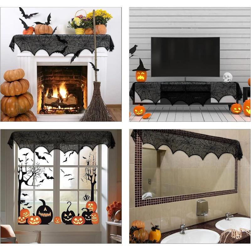 AerWo Halloween Decoration Black Lace Spiderweb Fireplace Mantle Scarf Cover Festive Party Supplies