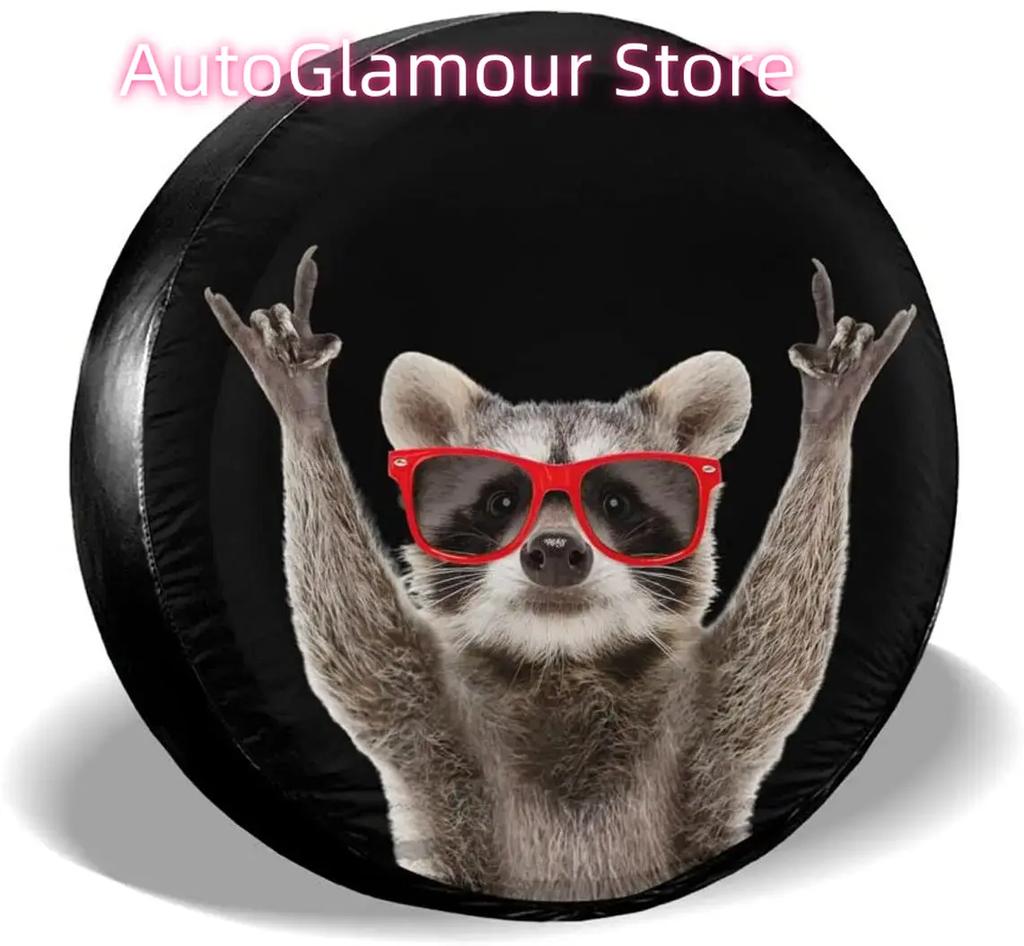 Funny Raccoon Red Sunglasses Spare Tire Cover Compass Wheel Protectors Weatherproof for Camper Trailer RV SUV Sunscreen Dustproo