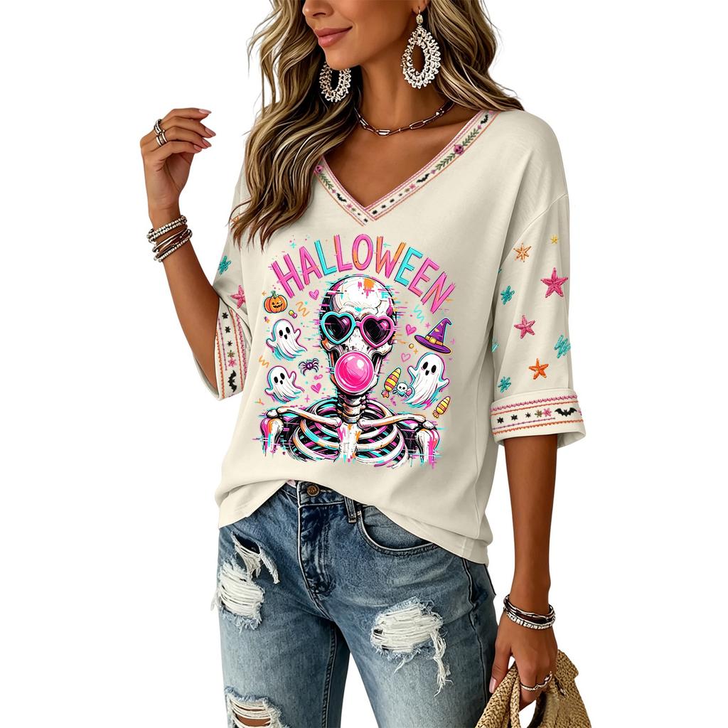 Women's V-Neck Three-Quarter Sleeve Halloween Print Top