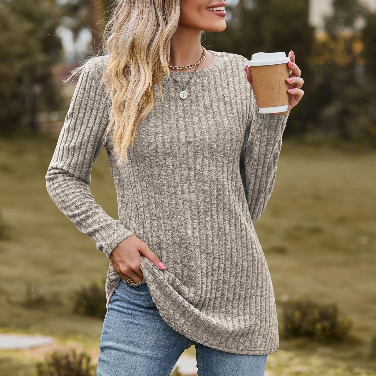 

Осенний женский трикотаж Одежда женская повседневная Круглый вырез Матовый полосатый свитер Однотонный топ Длинный рукав Футболка S хаки