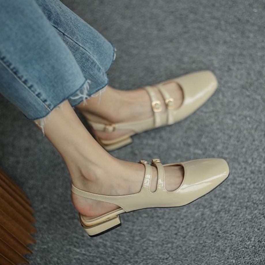 French Vintage Summe Patent Leather Shoes Low Heel Sandals Square Toe Mary Jane High Heels Ladies Double Buckle Elegant Sandals