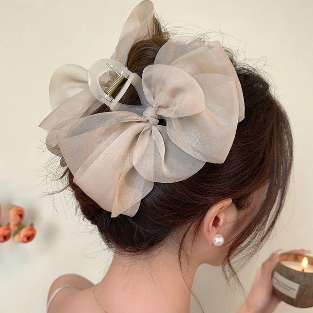 Sweet Chiffon Hair Claw French Style Women Hair Grab Luxury Bow Shark Clip  Lady