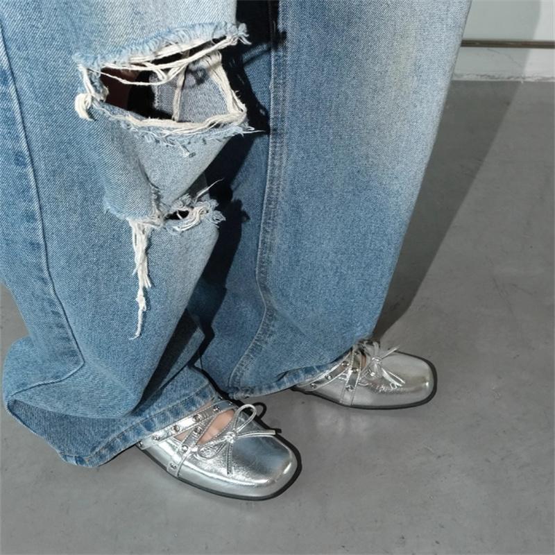 Mary Jane Shoes Female Genuine Leather Retro Ballet Flat Shoes Women Square Toe Flat Luxury Rivet Cross Straps Ladies Shoes