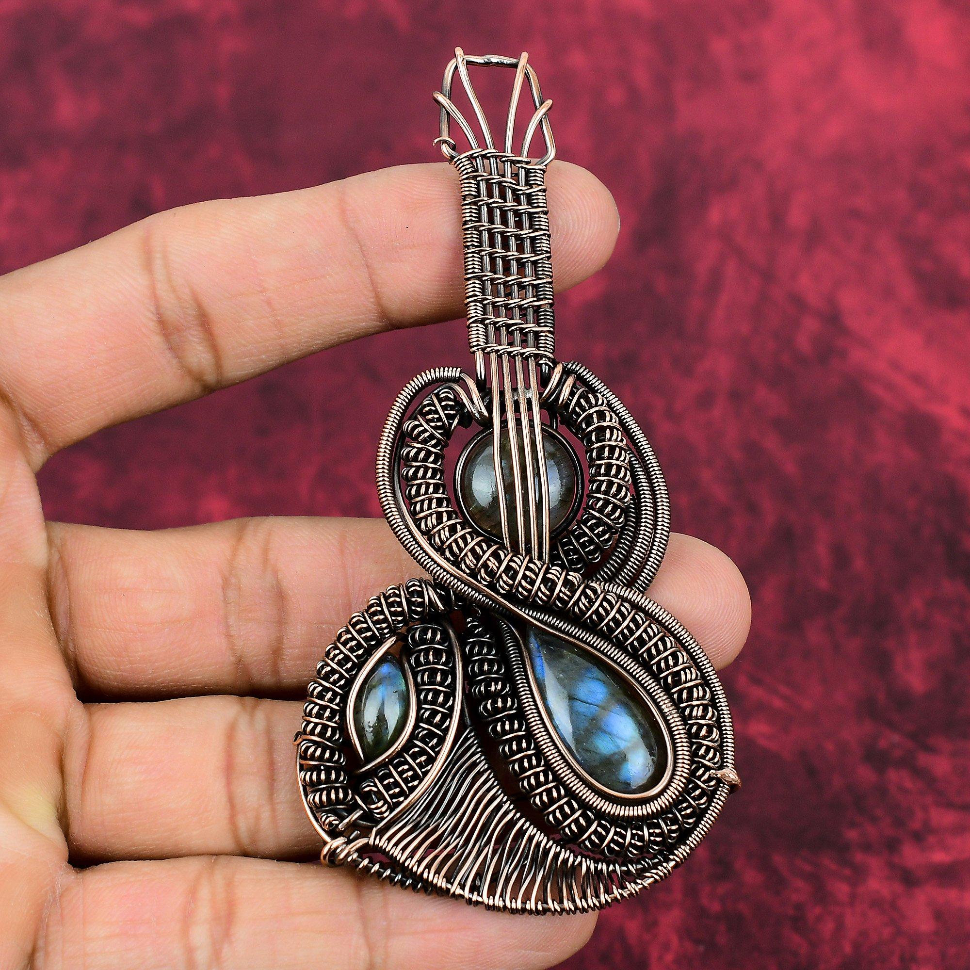 Labradorite Pendant Copper Wire Wrapped Pendant Handmade Jewelry Real Gemstone Pendant Guitar Pendant Antique Copper Jewelry Gifts For Wife