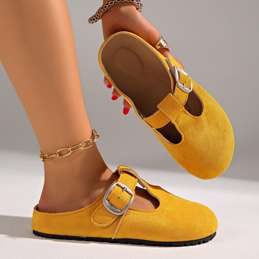 Fashion Women Slip On Mules Shoes New Trend Summer Comfortable Colors Shoes 2025 Anti-slip Round Toe Flats Buckle Slippers Slides Women