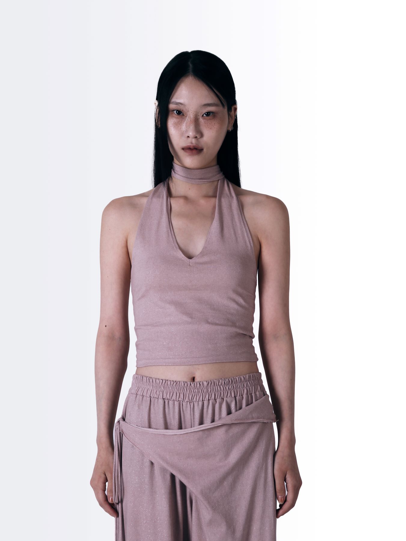 Sio Glitter V-Neck Sleeveless Halter Top [Pink] Pink