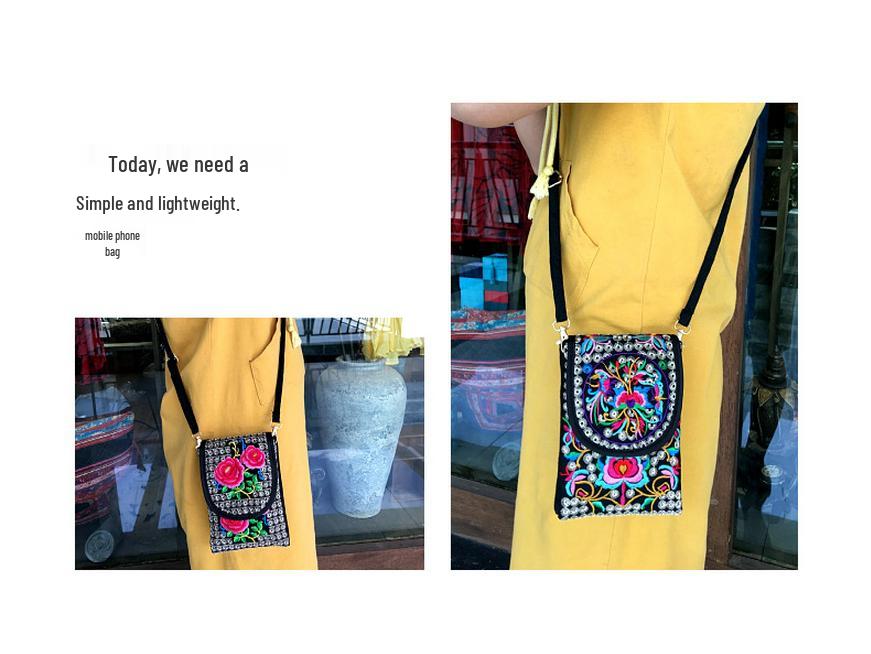 Crossbody Embroidered Womens Ethnic Canvas Handbag With Double Layer For Phone And Coins