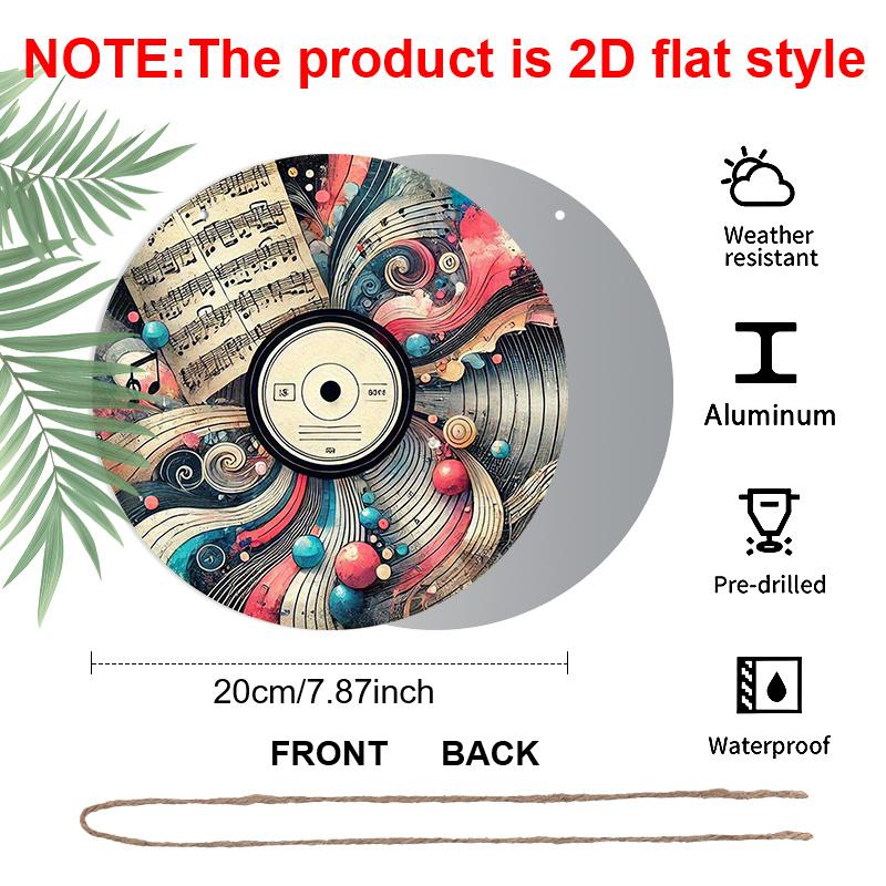 2D Flat, 1pc Round Aluminum Abstract Vinyl Record Metal Sign, Vintage Sheet Music & Artistic Swirl Wall Plaque, Waterproof Rustproof Decor, Perfect