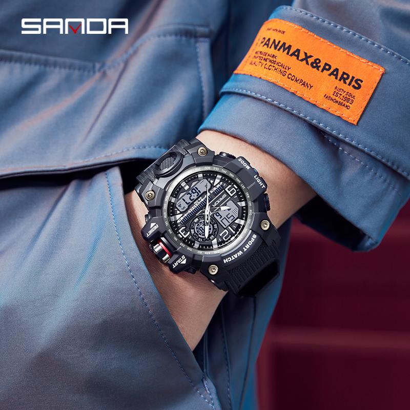 SANDA 3133 Men Quartz Watch Dual Display Multifunction Wristwatches Luminous Sport Waterproof Military Wristwatch for Male