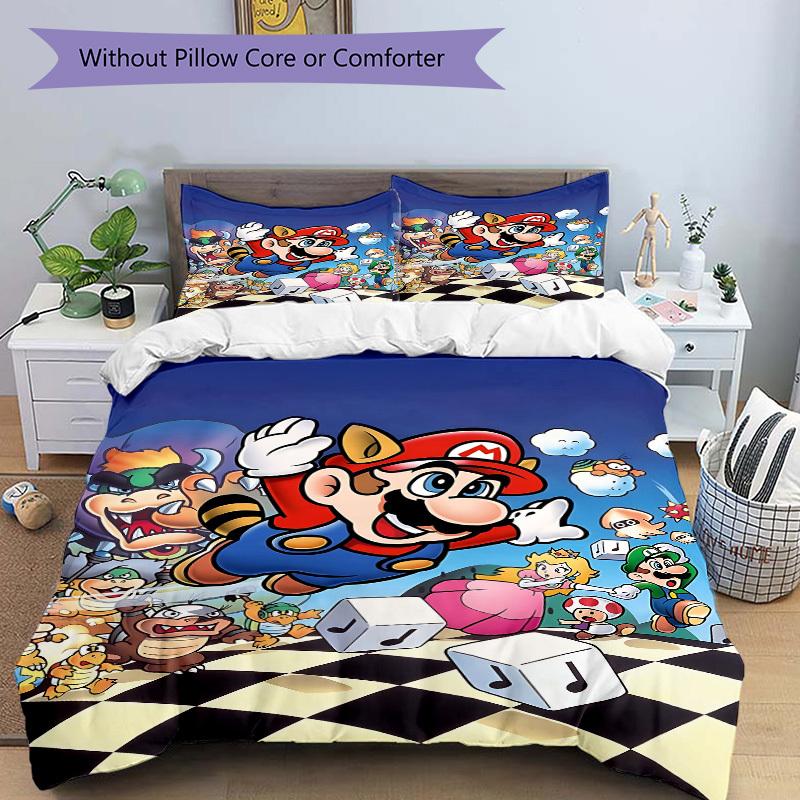 3pc Mario Party Bedding Set Guest Room Bedroom Decor Christmas Halloween Decor Gifts- All Seasons (No Insert)a1013089